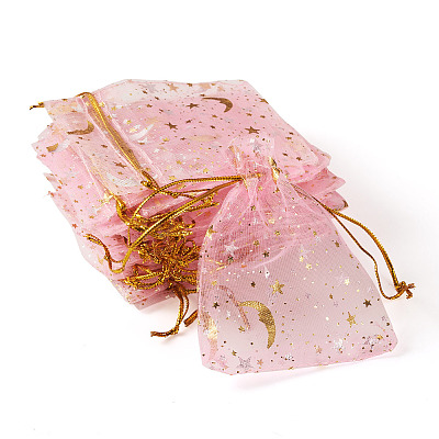 30Pcs Gold Stamping Moon Star Organza Drawstring Gift Bags ABAG-TA0002-21G-1