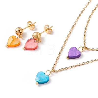 Synthetic Shell Heart Pendant Double Layer Necklaces and Dangle Stud Earrings SJEW-F217-05A-G-1