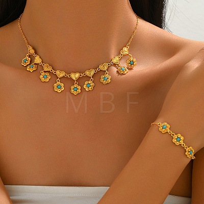 Vintage Brass Heart Flower Pendant Necklace & Bracelet Set for Women RG3291-1