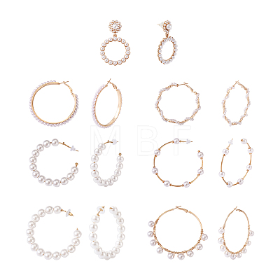 Kissitty 7 Pairs 7 Style Resin Pearl Beaded C-shape & Ring Dangle Stud Earrings FIND-KS0001-16-1