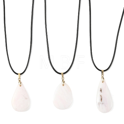 Natural Pink Opal Teardrop Pendant Black Waxed Cord Necklaces for Women NJEW-JN06584-1