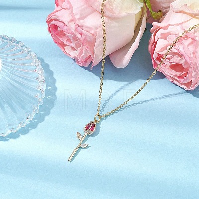 Rose Flower Brass Cubic Zirconia Pendant Necklaces NJEW-JN05055-01-1