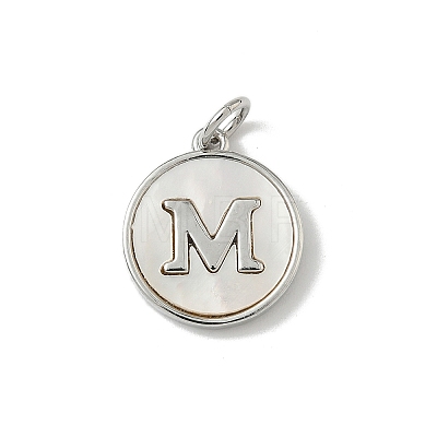 Brass Pave Natural Shell Flat Round with Letter Charms KK-Z115-13P-M-1