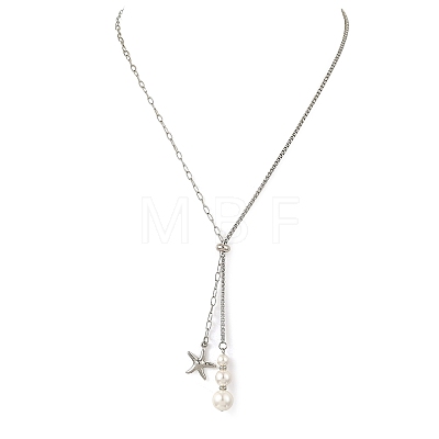 Summer Beach 304 Stainless Steel Starfish Pendant Lariat Necklaces with Shell Pearl NJEW-JN06604-02-1