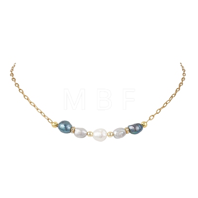 Natural Pearl Rice Beaded Necklaces with 304 Stainless Steel Paperclip Chains NJEW-JN05977-01-1