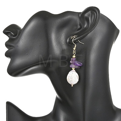 Natural Citrine/Natural Amethyst/Natural Rose Quartz/Natural Amazonite Chip & Natural Keshi Pearl Dangle Earrings EJEW-JE07445-1