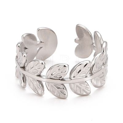 Non-Tarnish 304 Stainless Steel Leaf Wrap Open Cuff Ring for Women RJEW-C025-16P-1