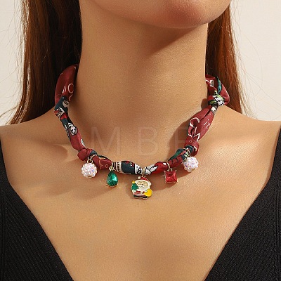 Christmas Alloy Enamel & Rhinestone & Resin & Acrylic Santa Claus Pendant Printed Cloth Scarf Necklaces for Women FS-WG8696E-05-1