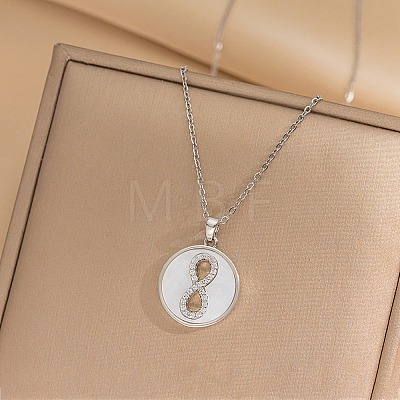 Flat Round with Number 8 Shell & Cubic Zirconia Pendant Necklaces NJEW-D288-04P-1