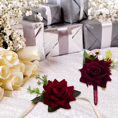 2Pcs 2 Style Rose Flower Silk Wrist and Flower Silk Brooch Sets AJEW-CP0004-58-1