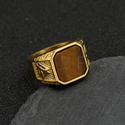 304 Stainless Steel with Natural Tiger Eye Finger Rings FS-WG06E27-04-1