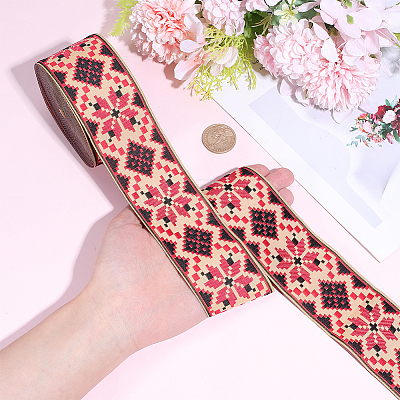 Rhombus Pattern Ethnic Style Embroidery Floral Polyester Ribbons OCOR-WH0070-324A-1