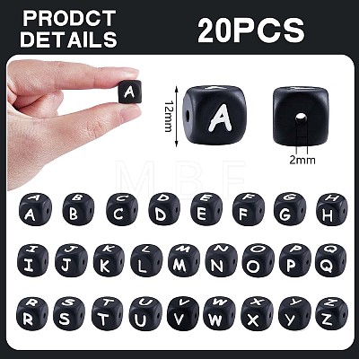 20Pcs Black Cube Letter Silicone Beads 12x12x12mm Square Dice Alphabet Beads with 2mm Hole Spacer Loose Letter Beads for Bracelet Necklace Jewelry Making JX433I-1