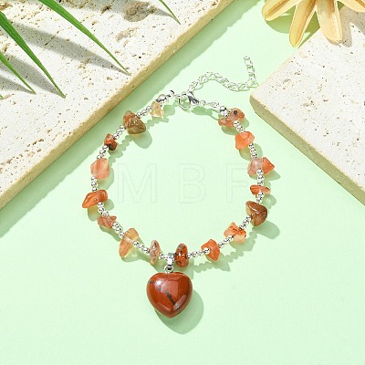 Natural Red Jasper Heart Charm Bracelet with Chips Beaded Chains BJEW-TA00295-04-1