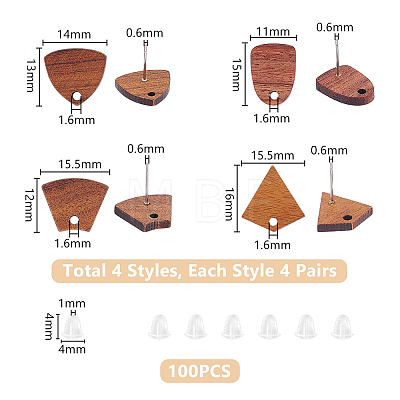 Unicraftale 16 Pairs 4 Style Triangle & Kite & Trapezoid Walnut Wood Stud Earring Findings WOOD-UN0001-07-1