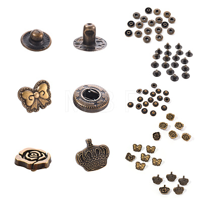 18 Sets Crown & Bowknot & Rose Flower Brass Leather Snap Buttons Fastener Kits SNAP-YW0001-05AB-1