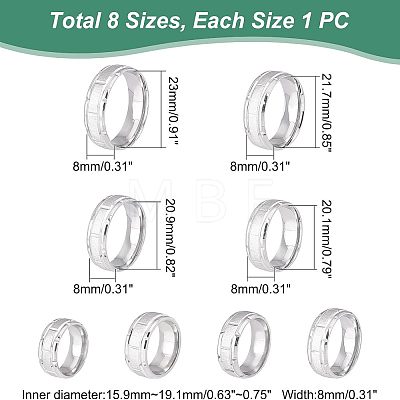 DICOSMETIC 8Pcs 8 Size 201 Stainless Steel Grooved Finger Ring for Men Women RJEW-DC0001-11-1