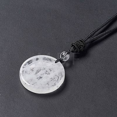 Natural Quartz Crystal Flat Round with Hexagon Pendant Necklace with Nylon Cord for Women NJEW-P274-05-07-1