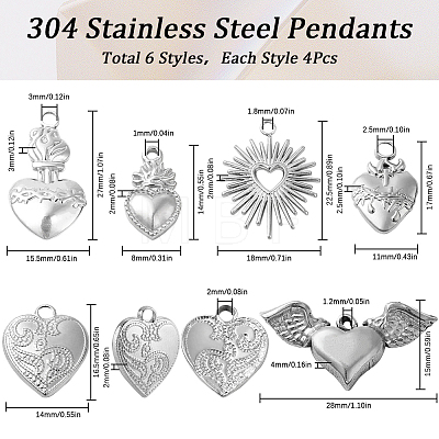 SUNNYCLUE 24Pcs 6 Style 304 Stainless Steel Pendants STAS-SC0006-19P-1