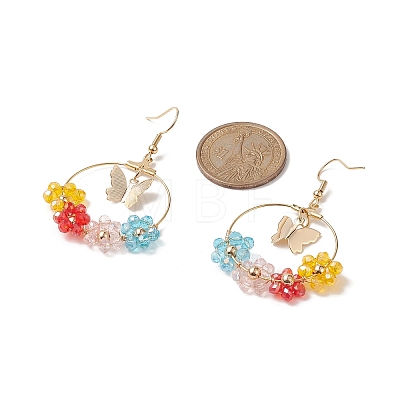 Glass Beaded Flower & Brass Butterfly Dangle Earrings EJEW-JE05218-02-1