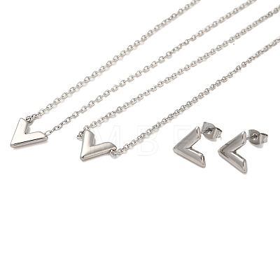 Letter V 304 Stainless Steel Pendant Necklaces & Bracelets & Stud Earrings Sets for Women SJEW-C004-04P-1