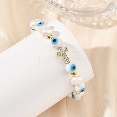 Evil Eye Lampwork and Natural Cultured Freshwater Pearl Beaded Stretch Bracelets BJEW-JB14283-01-1