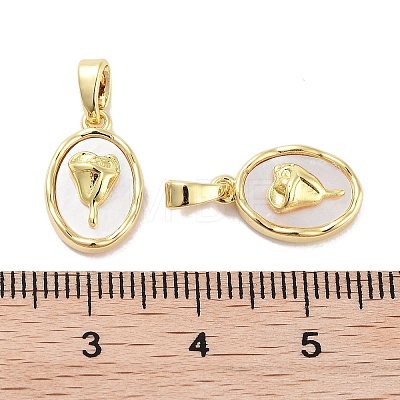 Brass Pave Natural Shell Oval with Rose Charms KK-C051-20G-1