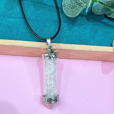 Zinc Alloy with Glass Hexagonal Bottle with Inner Natural Quartz Crystal Chips Pendant Black PU Leather Cord Necklaces ZW0534-13-1