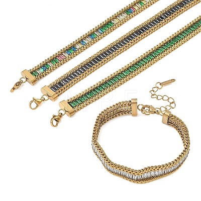 304 Stainless Steel & Glass Wheat Chain Double Layers Bracelets for Women BJEW-F540-08G-1