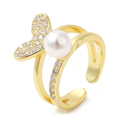 Rack Plating Brass Heart Open Cuff Ring with Cubic Zirconia RJEW-M151-03G-1
