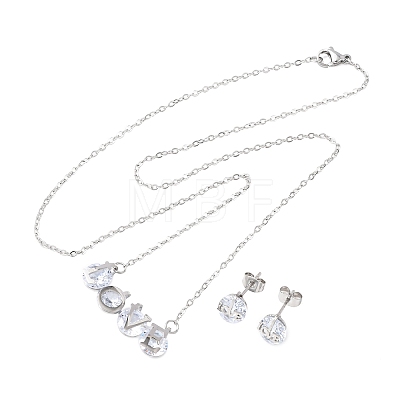304 Stainless Steel Cubic Zirconia Pendant Necklaces & Stud Earrings for Women SJEW-B022-01P-1