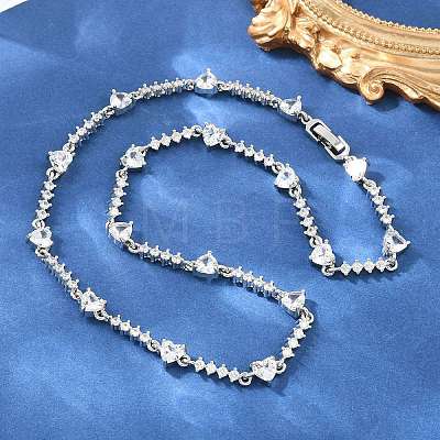 Brass Pave Clear Cubic Zirconia Heart Link Chain Necklaces KK-CBA4547-16B-P-1