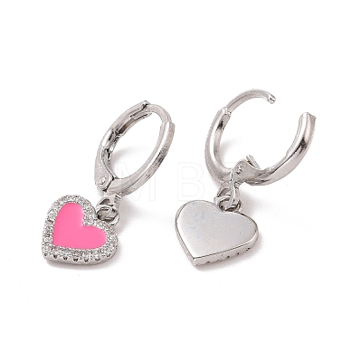 Clear Cubic Zirconia Heart Dangle Leverback Earrings with Pink Enamel EJEW-C030-11P-1