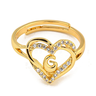 Heart with Letter Rack Plating Brass Micro Pave Clear Cubic Zirconia Adjustable Rings for Women RJEW-I105-01G-G-1