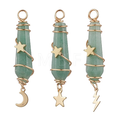 3Pcs 3 Styles Natural Green Aventurine Pointed Copper Wire Wrapped Faceted Bullet Big Pendants PALLOY-JF03572-02-1