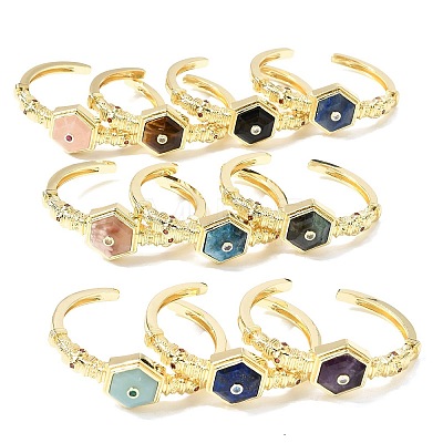 Hexagon Brass Pave Natural Gemstone & Cubic Zirconia Cuff Bangles for Women BJEW-Z172-01G-1