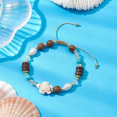 Adjustable Dyed Synthetic Turquoise & Coconut & Wood & Pearl Braided Bead Bracelets BJEW-JB10723-01-1