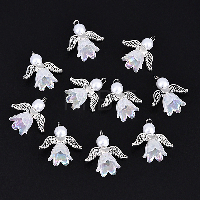10Pcs Acrylic & Imitation Pearl Flower Angel Pendants PALLOY-YW00055-06-1