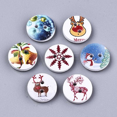 2-Hole Printed Natural Wood Buttons WOOD-S045-144-1