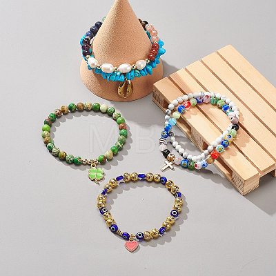 6Pcs 6 Style Natural Mixed Gemstone & Pearl & Glass Beaded Stretch Bracelets Set BJEW-JB08876-1