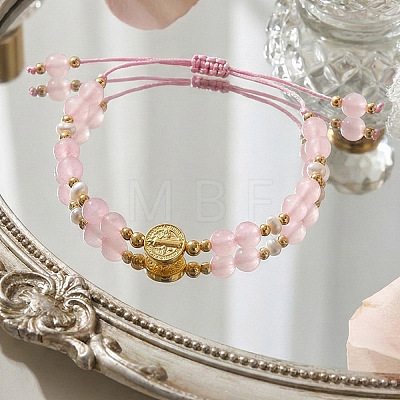 Metal Medals & Natural Rose Quartz Beaded Adjustable Bracelets YO1072-1