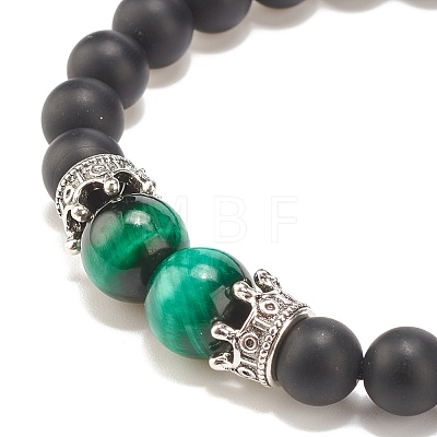 Natural Frosted Black Agate(Dyed) & Tiger Eye Braided Bead Bracelet with Alloy Crown BJEW-JB08249-04-1