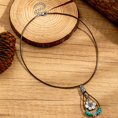 Bohemian Alloy Resin Floral Teardrop Pendant Waxed Leather Cord Necklaces for Women WG78C8D-01-1