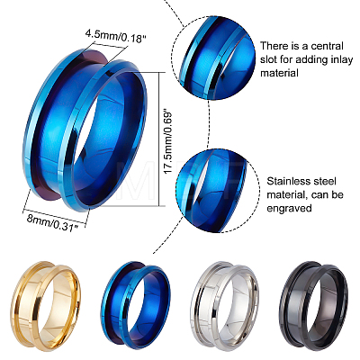 8Pcs 4 Colors 316L Titanium Steel Grooved Finger Ring Settings FIND-DC0001-04-1
