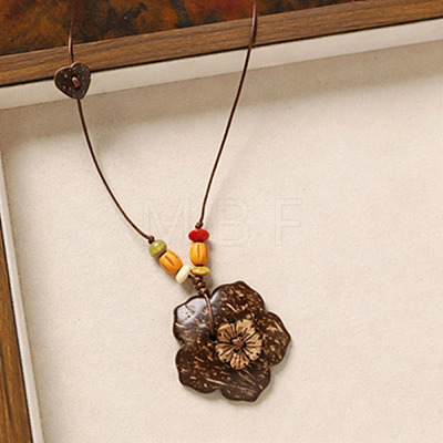 Natural Coconut Pendant Adjustable Leather Cord Long Necklaces with Wood Beads WGC33B1-01-1