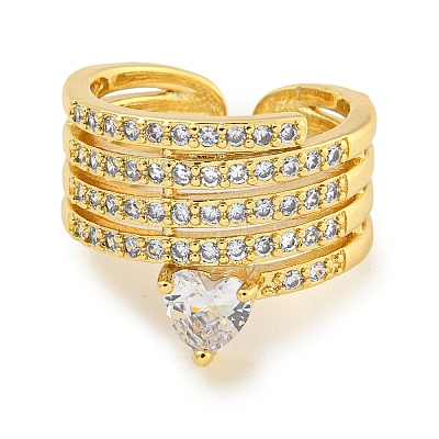 Rack Plating Brass Micro Pave Cubic Zirconia Heart Open Cuff Ring for Women RJEW-C082-06G-1