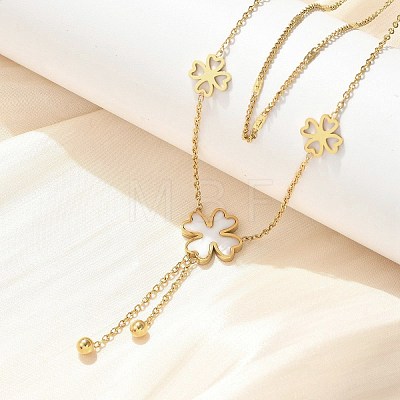 304 Stainless Steel Shell Pearl Clover Pendant Double Layered Necklaces for Women NJEW-U036-01G-1