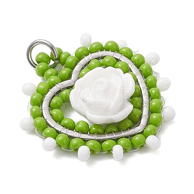 Glass Seed Beaded Heart with Rose Pendants PALLOY-MZ01030-01-1