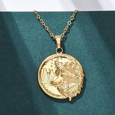 Flat Round with Wolf 304 Stainless Steel Pendant Necklaces NJEW-H059-04G-1