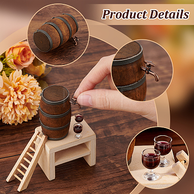 Wood & Alloy & Resin Red Wine Barrel & Wine Glass & Faucet Set DJEW-WH0050-23A-1